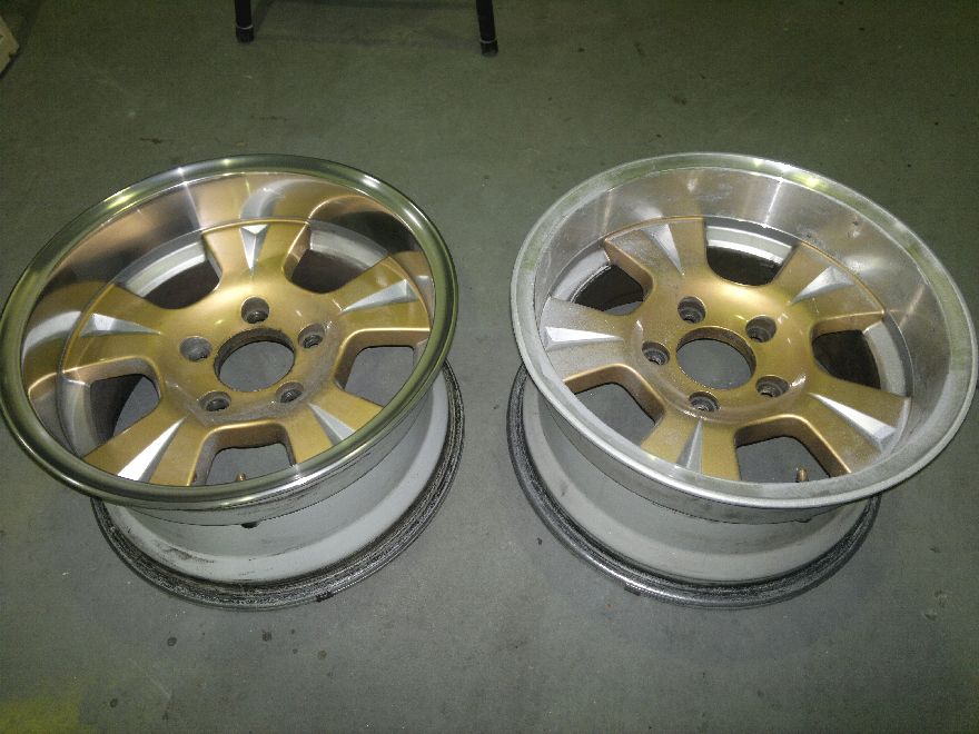 Mag wheel resprayed gold beside an original