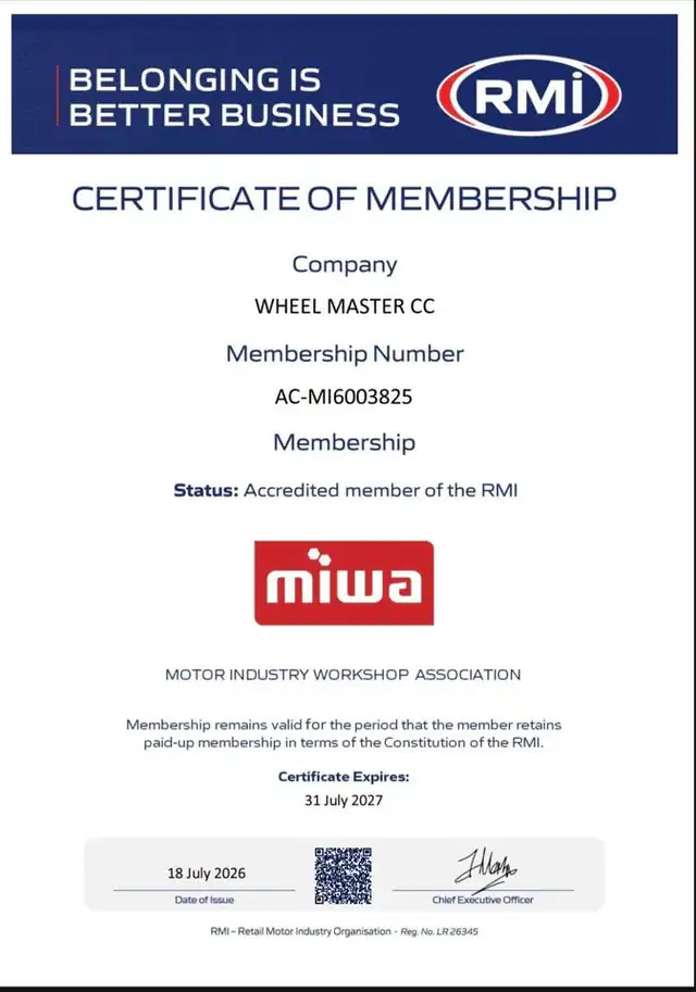 RMI MIWA certificate of membership for Wheel Master CC