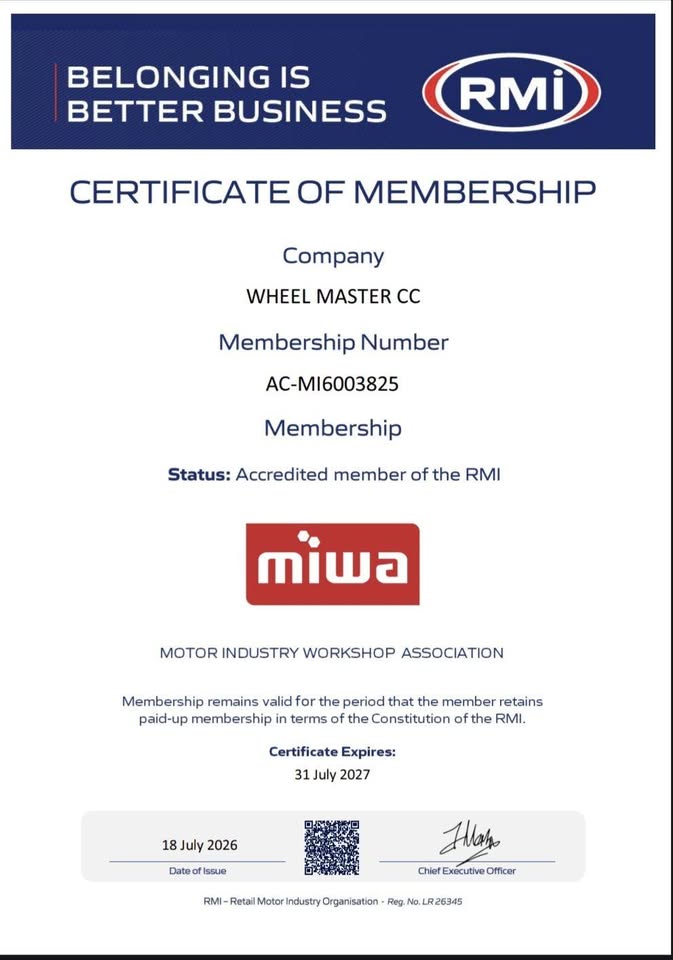 RMI MIWA certificate of membership for Wheel Master CC